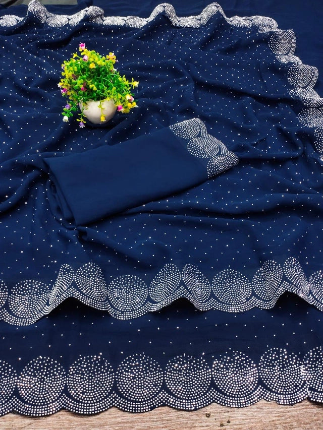 Georgette Embellished Saree For Women Navy Blue, 6.3 M