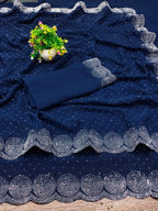 Georgette Embellished Saree For Women Navy Blue, 6.3 M
