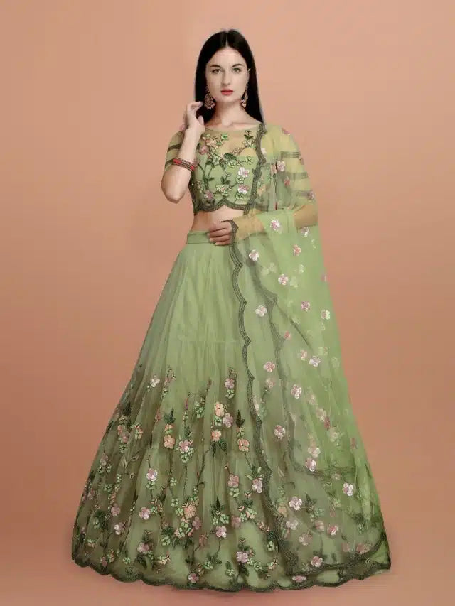 Net Embroidred Semi Stiched Lehenga Choli For Women Green