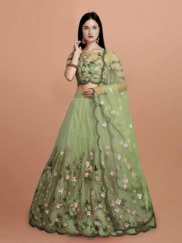 Net Embroidred Semi Stiched Lehenga Choli For Women Green