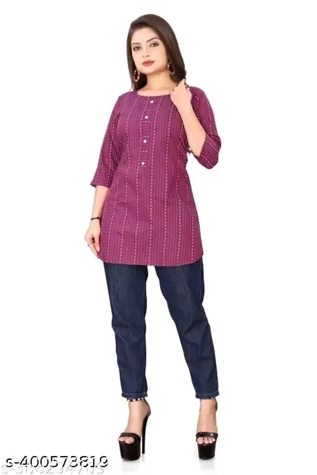 Cotton Solid Short Kurti For Women Purple, S