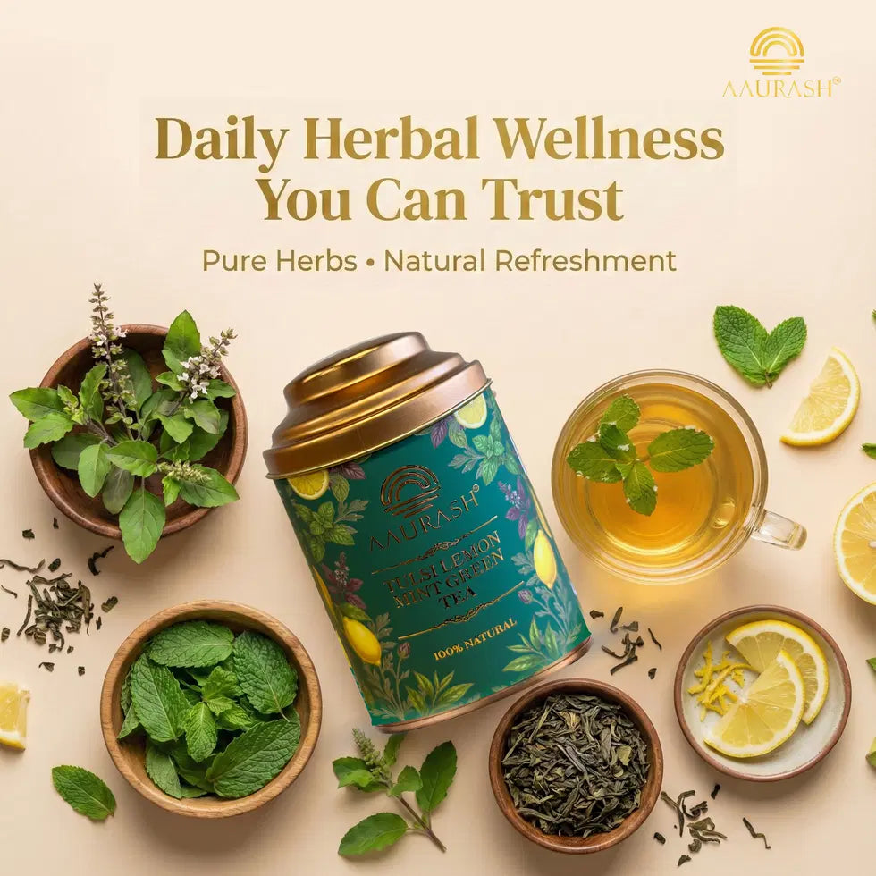 Aaurash Tulsi Lemon Mint Green Tea Lemon Mint Flavor Refreshing Ble...