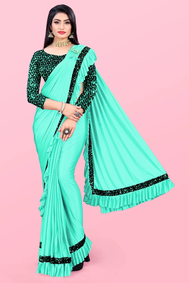 Lycra Blend Solid Saree For Women Sea Green, 6.3 M