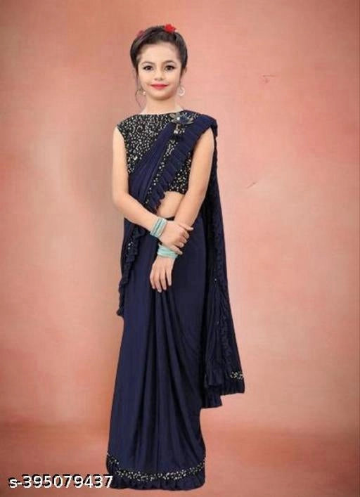 Lycra Solid Saree For Girls Navy Blue, 3-4 Years