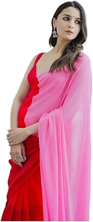 Georgette Colourblocked Saree For Women Red Pink, 6.3 M