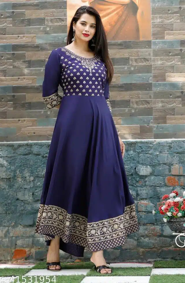 Rayon Printed Anarkali Kurti For Women Blue, S