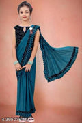 Lycra Solid Saree For Girls Teal, 3-4 Years