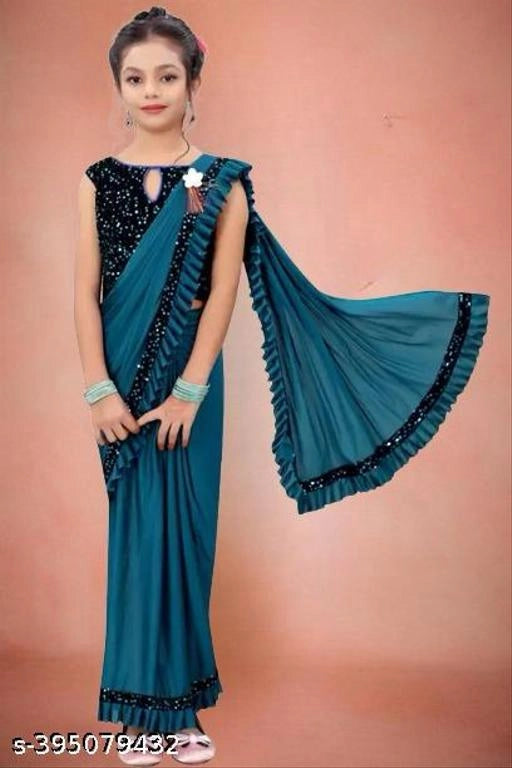 Lycra Solid Saree For Girls Teal, 3-4 Years