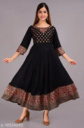 Rayon Printed Anarkali Kurti For Women Black, S