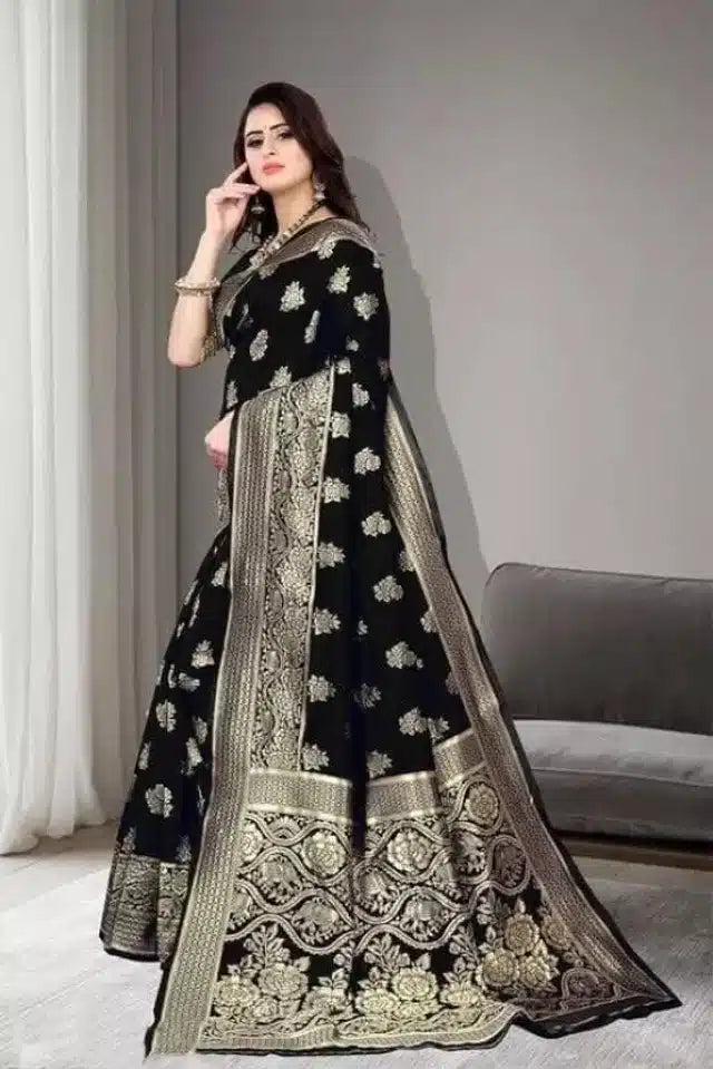 Jacquard Foil Printed Saree For Women Black, 6.3 M