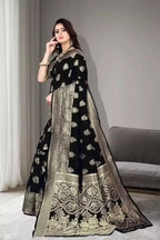 Jacquard Foil Printed Saree For Women Black, 6.3 M