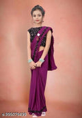 Lycra Solid Saree For Girls Purple, 3-4 Years
