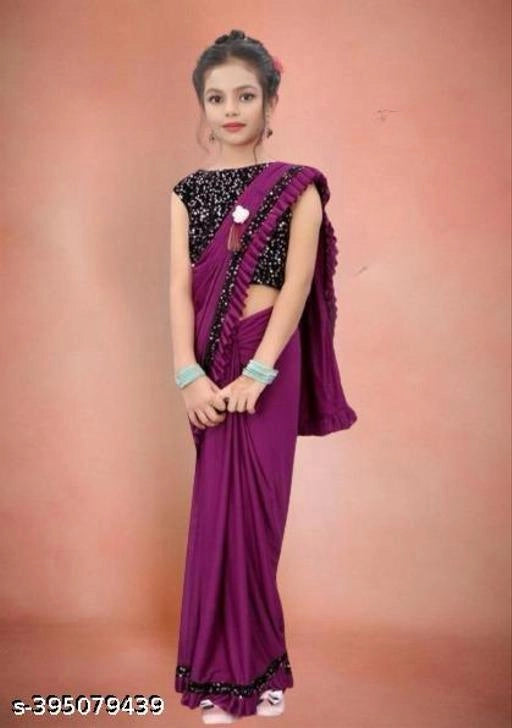 Lycra Solid Saree For Girls Purple, 3-4 Years