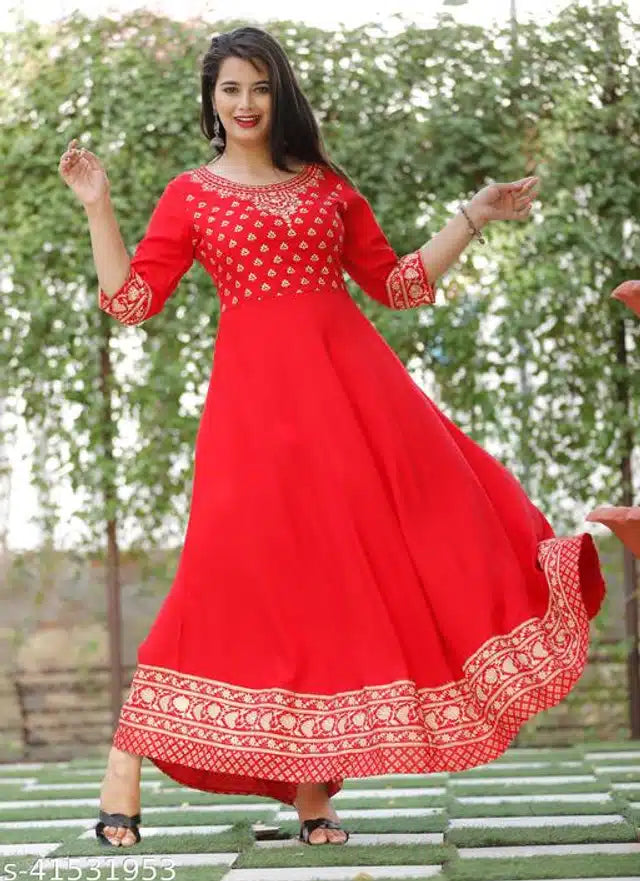 Rayon Printed Anarkali Kurti For Women (red, S)