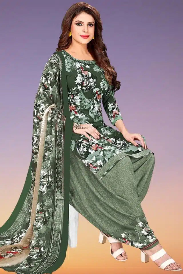 Crepe Printed Unstitched Dress Material For Women Green, 2 M