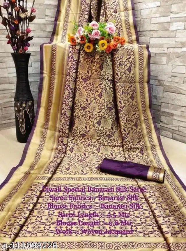 Banarasi Silk Saree With Blouse For Women Golden And Dark Red, 6.3m