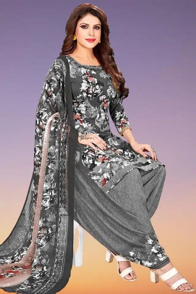 Crepe Printed Unstitched Dress Material For Women Grey, 2 M
