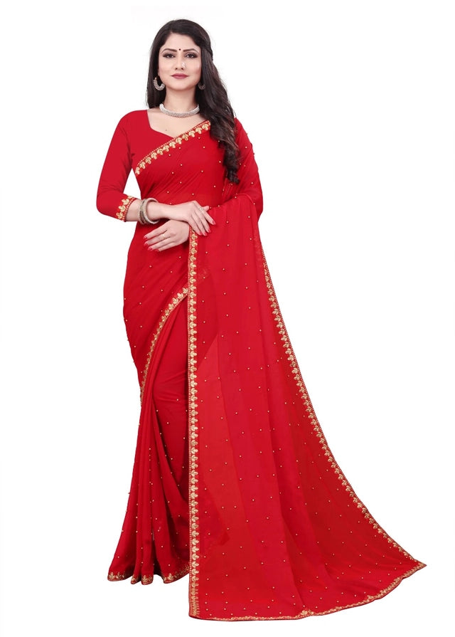 Lycra Blend Solid Saree For Women Red, 6.3 M