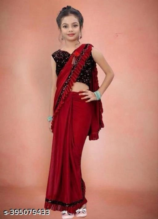Lycra Solid Saree For Girls Red, 3-4 Years
