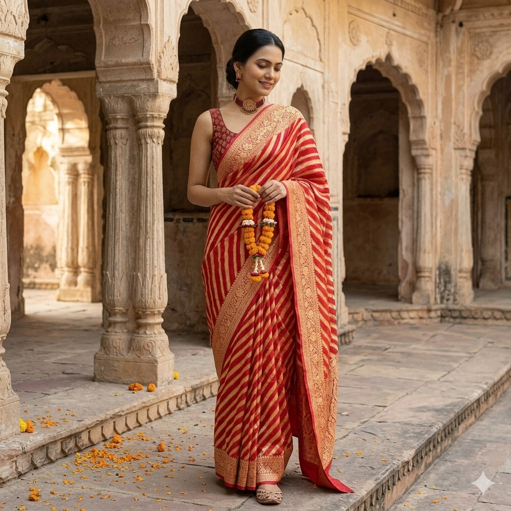 Jacquard Striped Saree For Women - Elegant Red Saree With Blouse Piece
